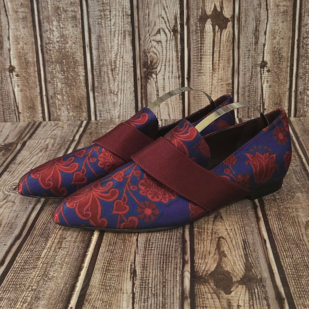 Sz 6 M Via Spiga Jacquard‎ Loafer Purple Burgundy Floral Brocade Flat Excellent